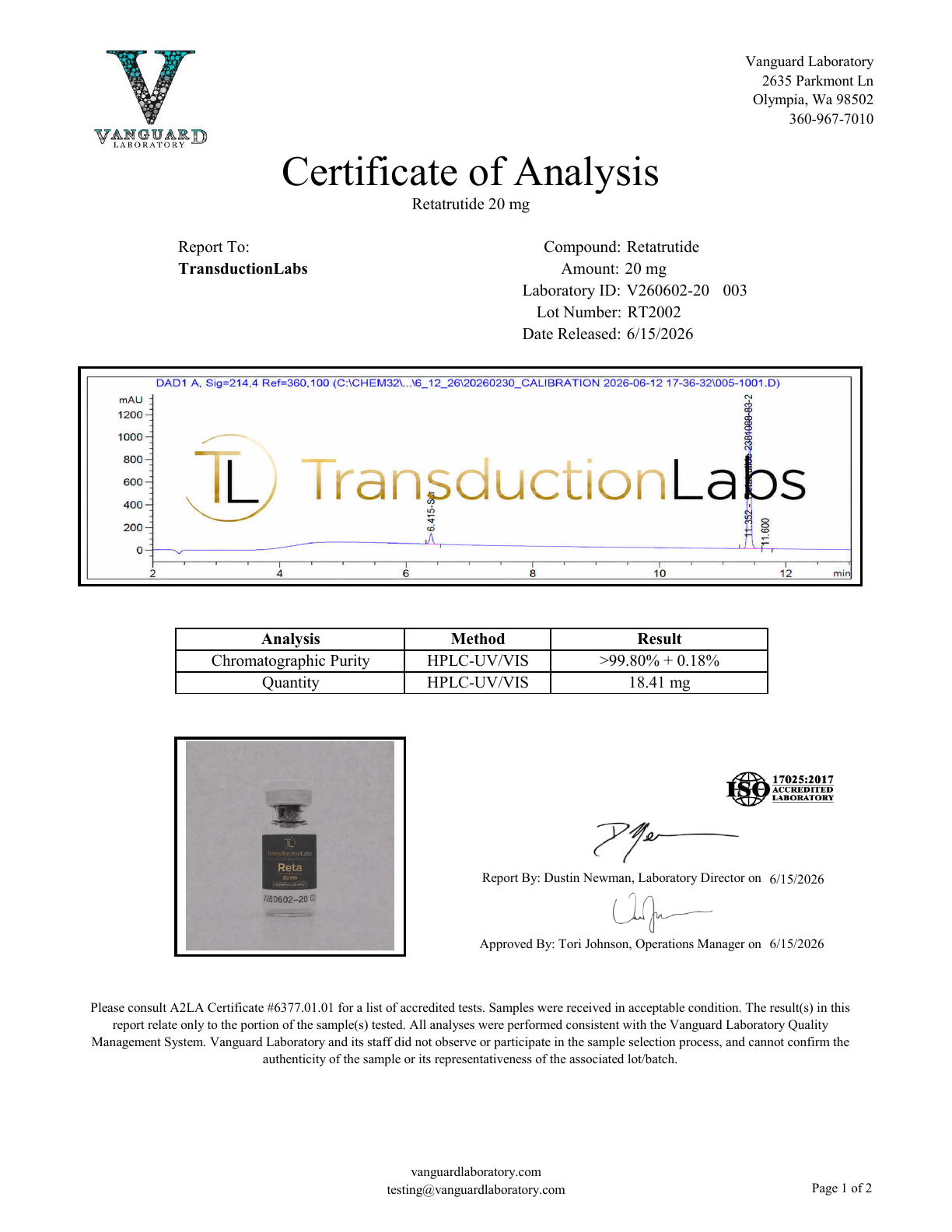 Retatrutide 20mg certificate of analysis preview