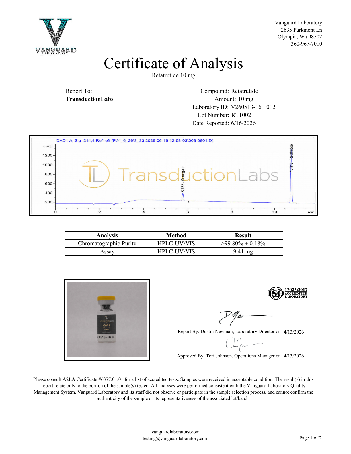 Retatrutide 10mg certificate of analysis preview