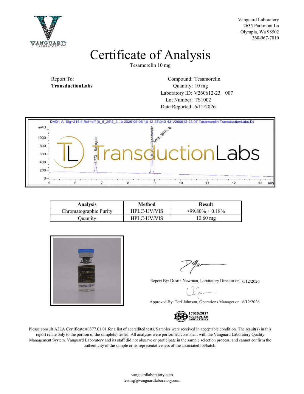 Tesamorelin 10 mg certificate of analysis preview